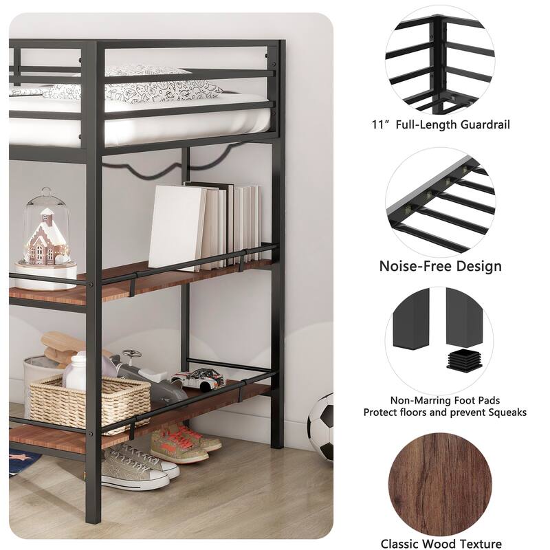 Junior Twin Loft Bed with Cinnamon Wood Shelf, Guardrails, and Ladder, Space-Saving Design for Kids' Bedroom