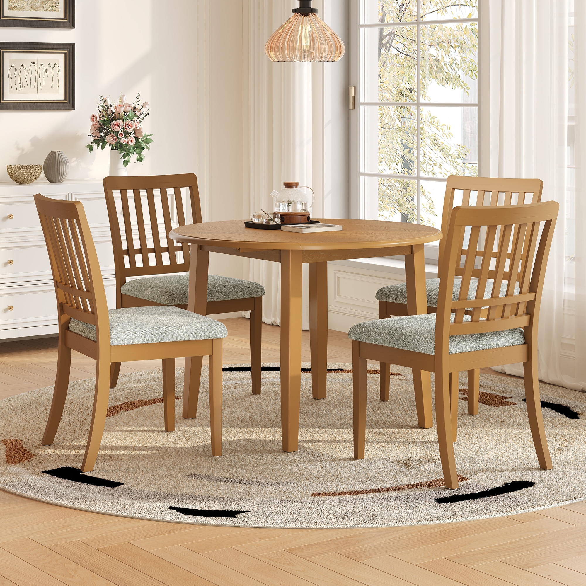 5-Piece Round Dining Table Set with Upholstered Chairs