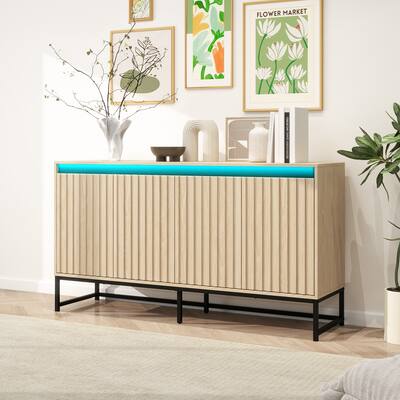 LED Sideboard Buffet Cabinet Storage Cabinet w/ Adjustable Shelf, Carved Cupboard Console Table for Living Room Hallway, Natural