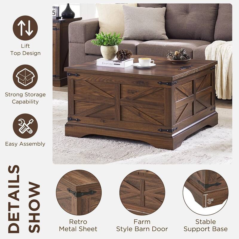 Farmhouse Lift Top Coffee Table with Storage, Wood Square Center Table