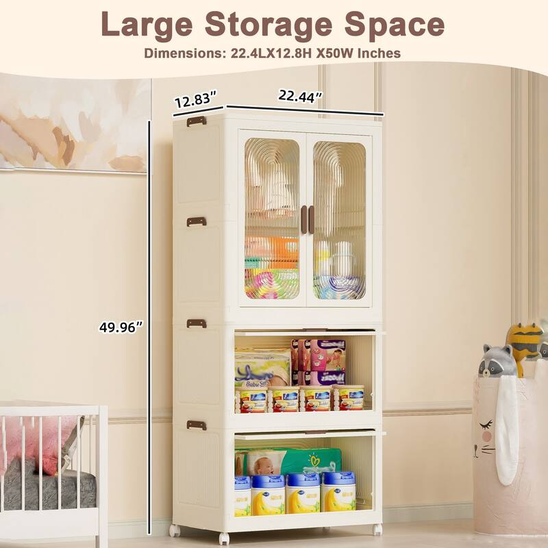 Portable Baby Wardrobe Closet with Magnetic Doors, Hanging Rod, 10 Hangers, White