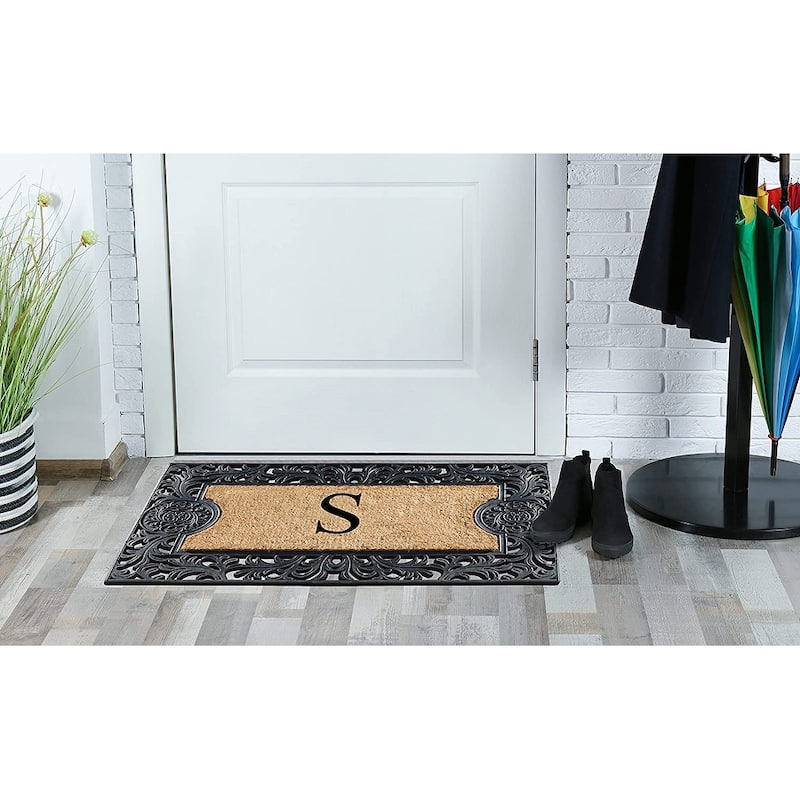 A1HC Floral Border Rubber and Coir Large Outdoor Durable Monogrammed Doormat, Black - 23" X 38"
