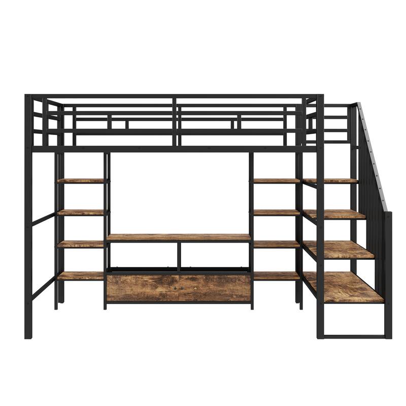 Full Size Metal Loft Bed with Staircase Low Storage Table and Shelves