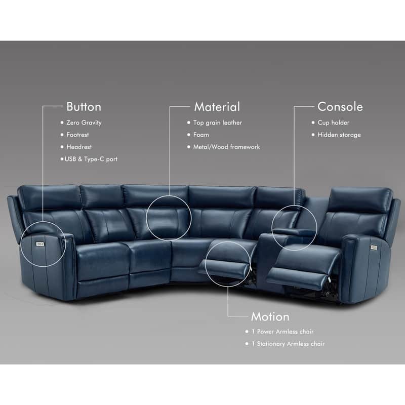 116" W L-Shaped Genuine Leather Power Reclining Sectional Sofa with Console, Ajustable Headrest, USB PortS, 1 Power Armlesschair
