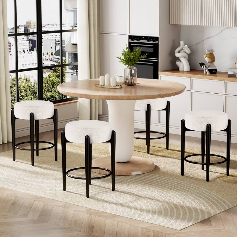 Mid-Century Modern Chair Set of 4 - 23.6" Backless Kitchen Stools with Boucle Upholstery & Sturdy Metal Base