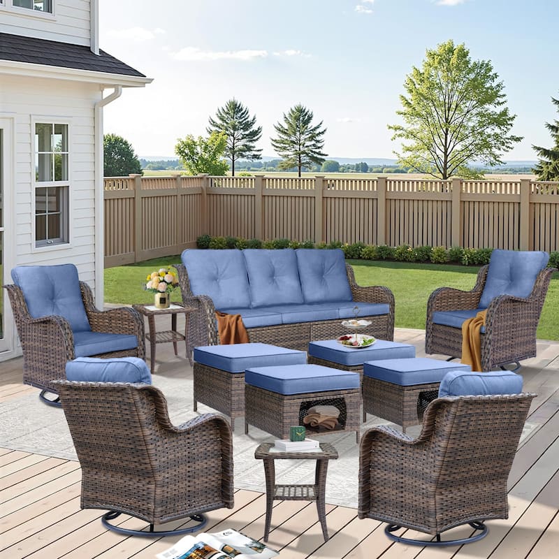 11 Piece Outdoor Wicker Patio Conversation Swivel Chairs Furniture Set