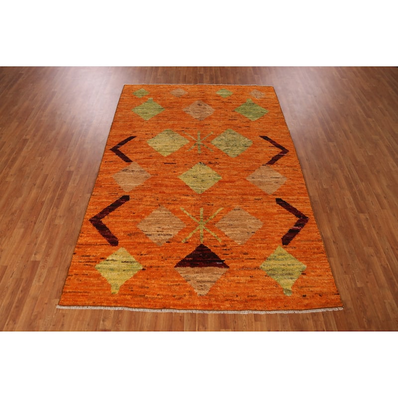 Moroccan Oriental Area Rug Handmade Geometric Orange Wool Carpet - 6'10" x 10'0"