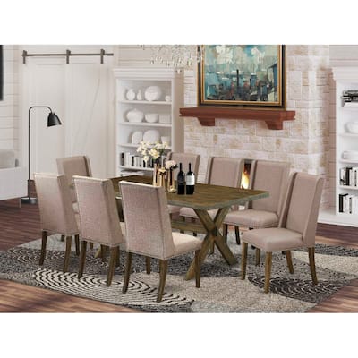 Victorian Dining Set - 9 Piece Table & Chair Set - 40x72 Inch Rectangle Table with 8 Linen Parsons Chairs