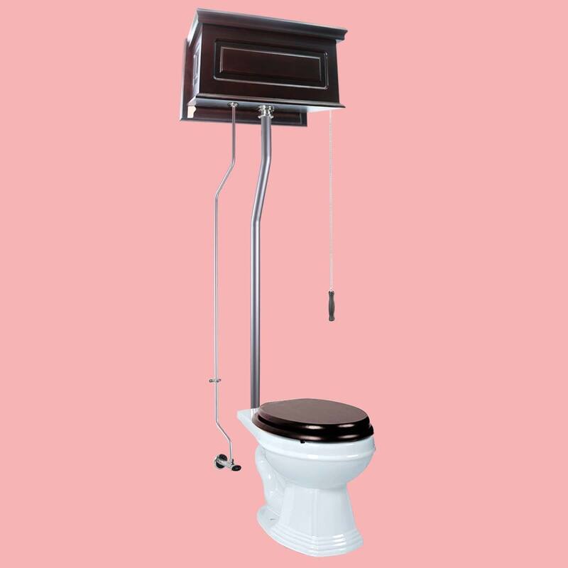 Dark Oak Wooden High Tank Toilet Raised Tank, Elongated White Bowl and Satin L Pipes