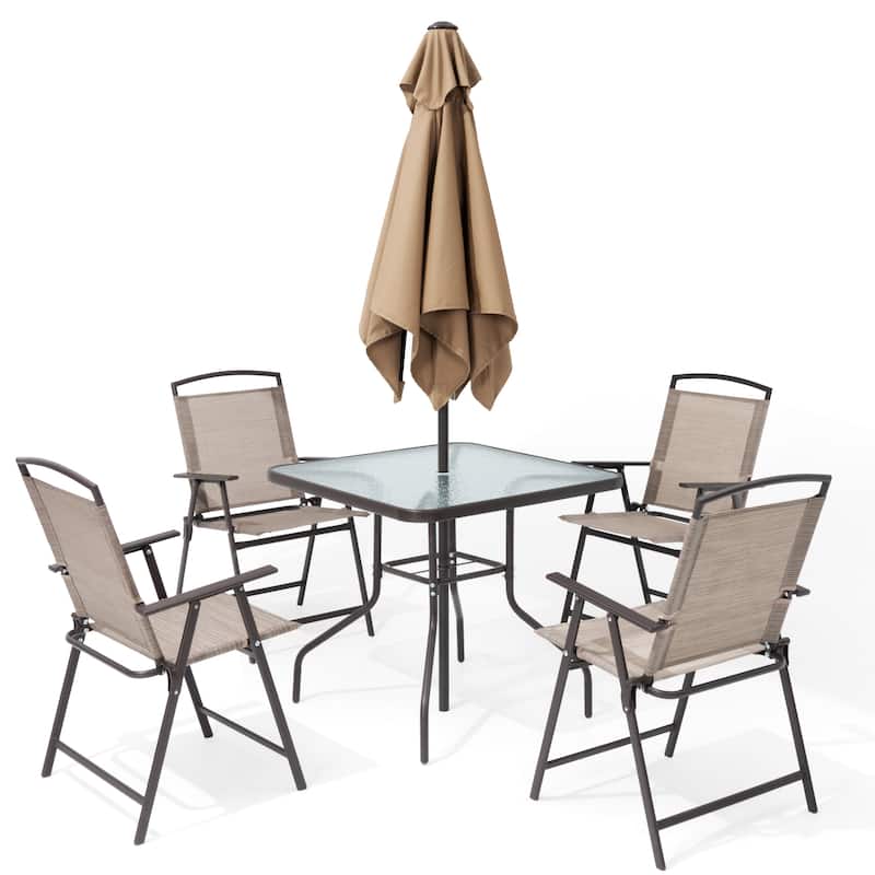 Pellebant 6 Piece Patio Set with Table, Umbrella and 4 Folding Chairs - 22.4"Wx26.8"Dx34.4"H