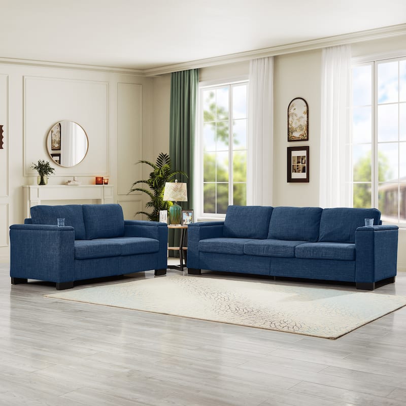 Roomfitters 2-Piece 2+3 Seater Sofa Set with Square Armrests, Upholstered Fabric Couches with Cup Holder and Storage