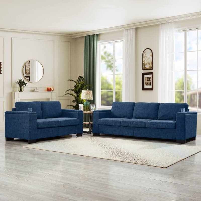 Set of 2 Loveseat Sofa & 3 Seater Couch with Storage and Cup Holders