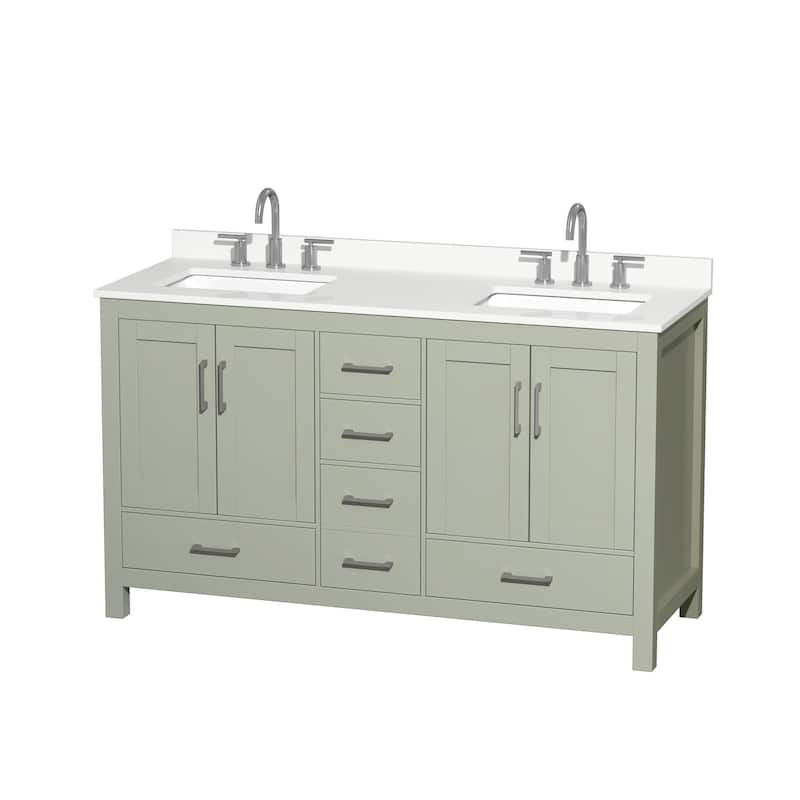 Sheffield 60-inch Double Vanity, 3 Hole Quartz Top - Light Green, Nickel Trim, White Quartz Top