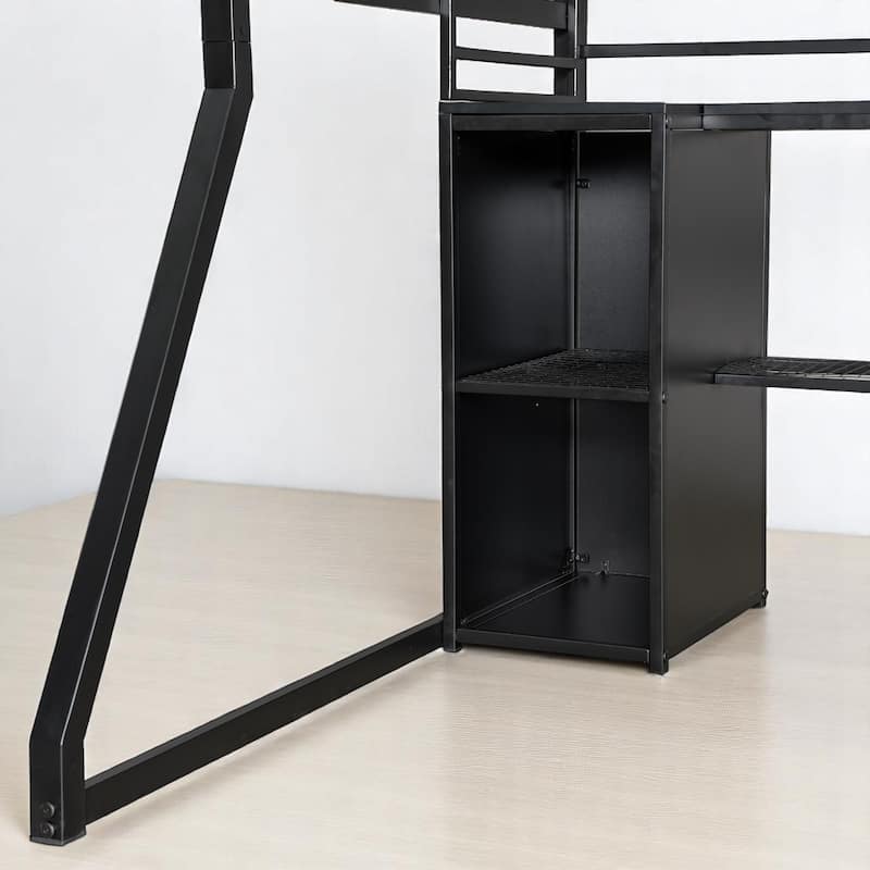 Black Full Metal Loft Bed with Workstation, LED Lights, Storage Cabinet, USB Charging & Open Closet