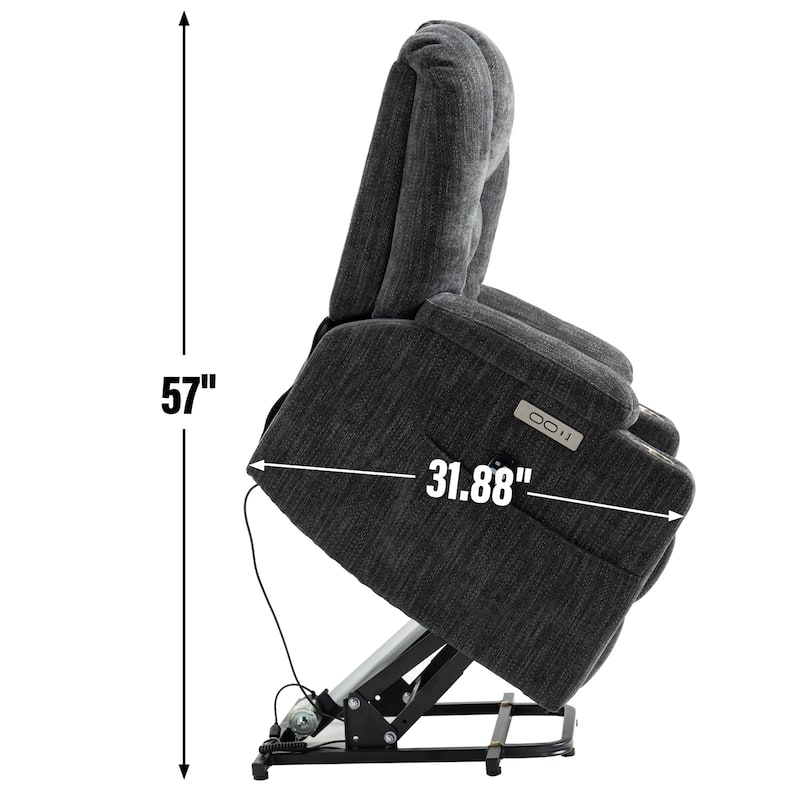Grey Spacious Power Lift Recliner with Massage, Heat, Dual USB Ports, Type C Charging, and Cup Holders