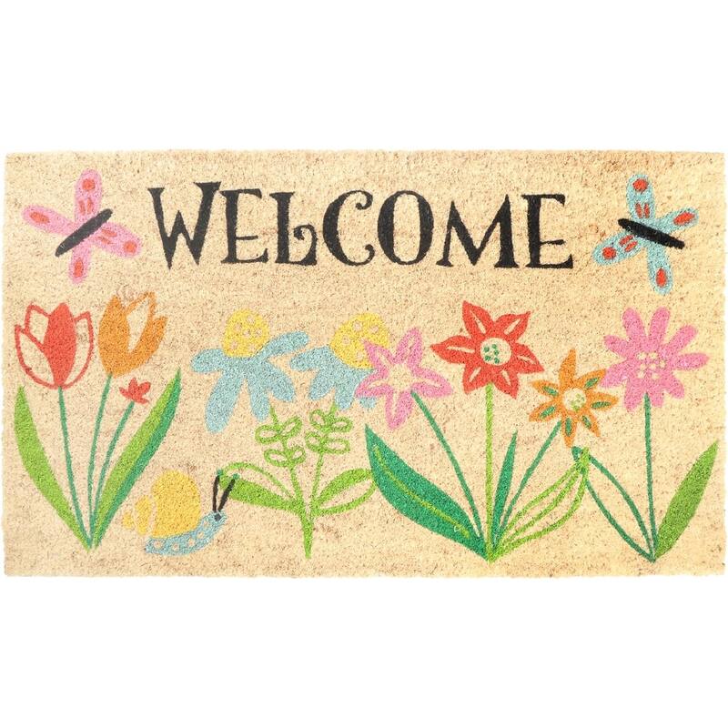 A1HC Natural Coco Coir Door Mat with Heavy Duty Non-Slip PVC Backing 18" x 30" - Multi Flower Welcome