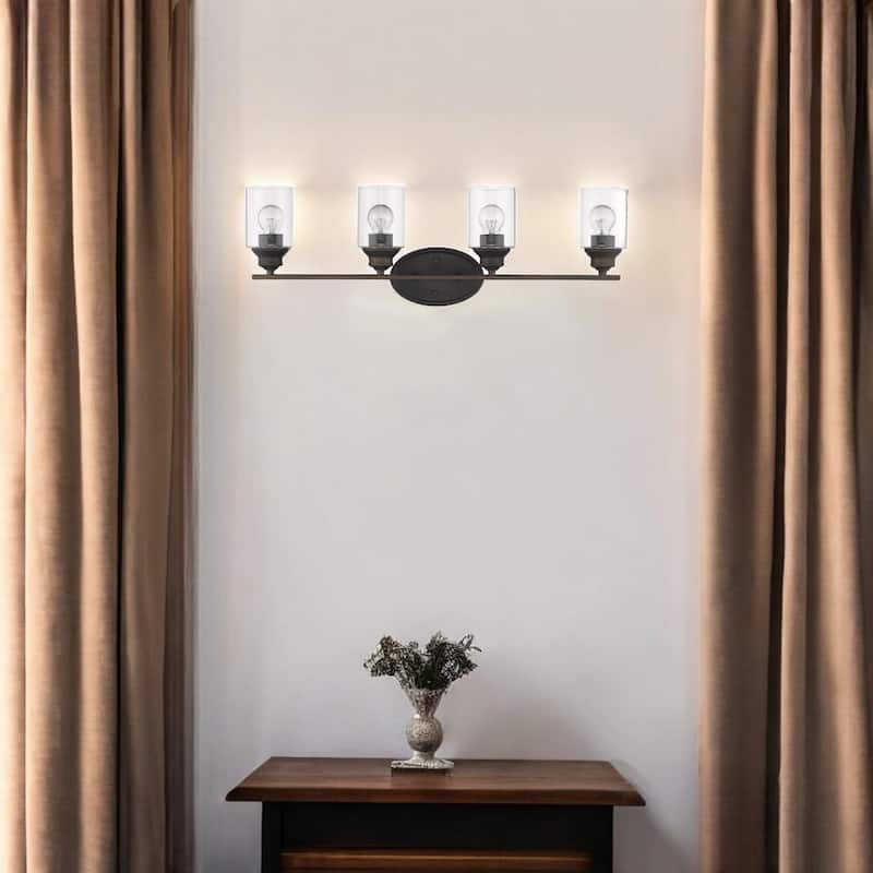 Bronze 4-Light Flush Mount Wall Fixture with Clear Glass Shades and Dimmable Hardwired E26 Base - 9.88"H x 31"W x 5.75"D