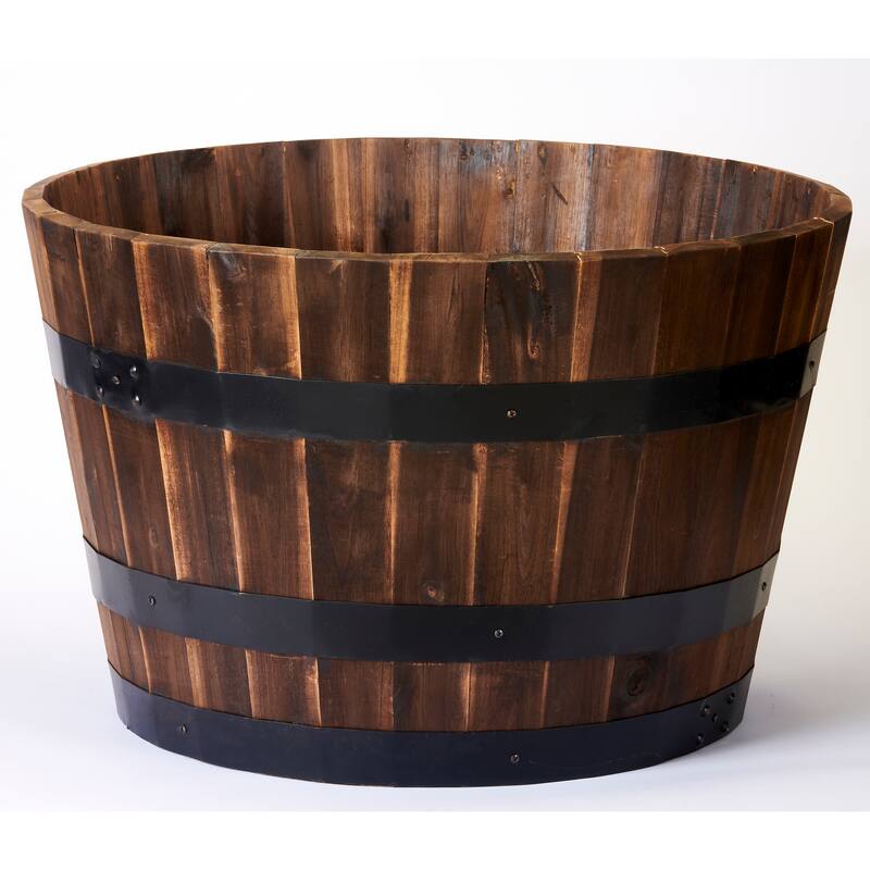 Large Acacia Wood Barrel Planter Burnt Finish, 16" Height, 25" Width
