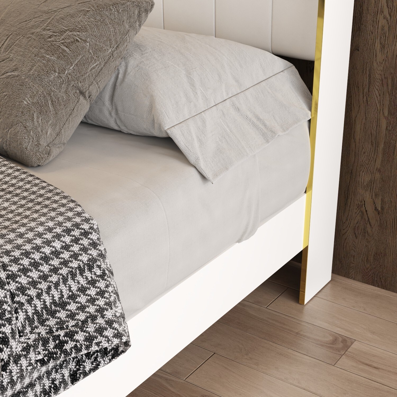 White Bed Frame: PU - Upholstered Headboard with Exquisite Gold
