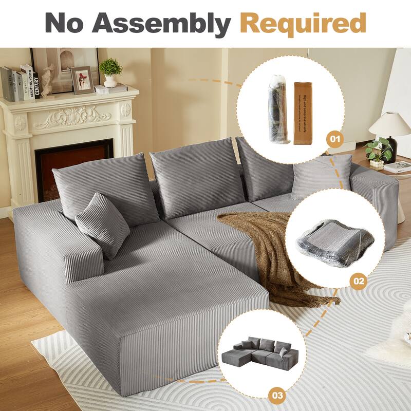 Modular Sectional Sofa with L Shape Chaise Lounge, Corduroy Upholstered 3 Seater Sofa, Deep Seat Cloud Sofa with Pillows