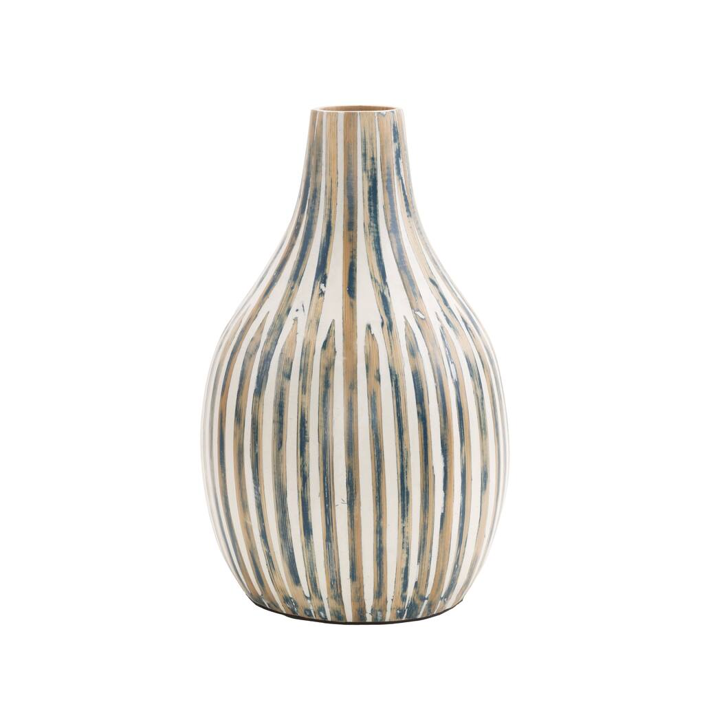 Bamboo Wood Brushed Vase with Cream Accents and White Stripes - Blue - Roche River Decor