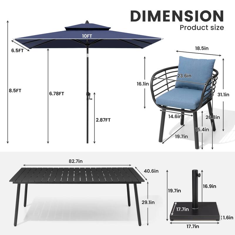 9/11-PieceOutdoor Patio Dining Set with Sunbrella Cushions Aluminum Dining Table and Chairs w/10 ft Umbrella and Base