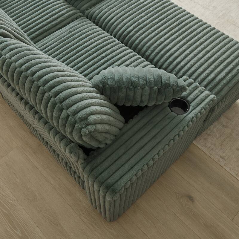 Anmytek 84 Inch Corduroy 3-Seater Comfy Deep Seat Sofa for Living Room with Storage Cup Holders Ottomans and Pillows