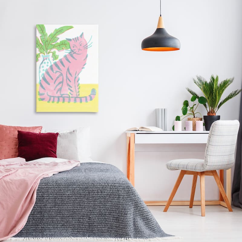 Stupell Modern Pink Cat & Plant Canvas Wall Art Design By Hannah Moren