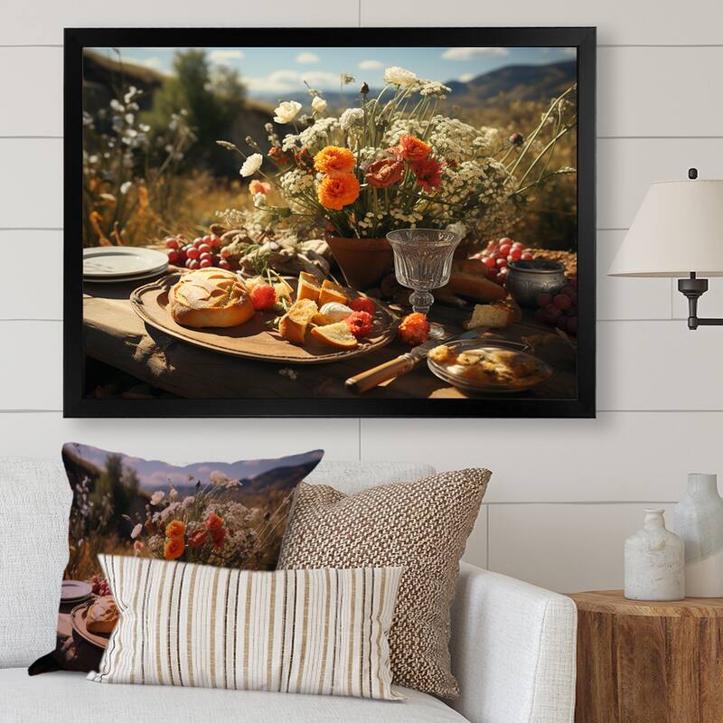 Designart "Rustic Banquet In France II" Meals & Picnics Framed Wall Art Living Room - 20 in. wide x 12 in. high - Black