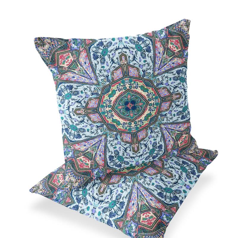 HomeRoots Set of Two 16" X 16" Blue and Pink Blown Seam Floral Indoor Outdoor Throw Pillow - 16.00' X '16.00' X '5.00
