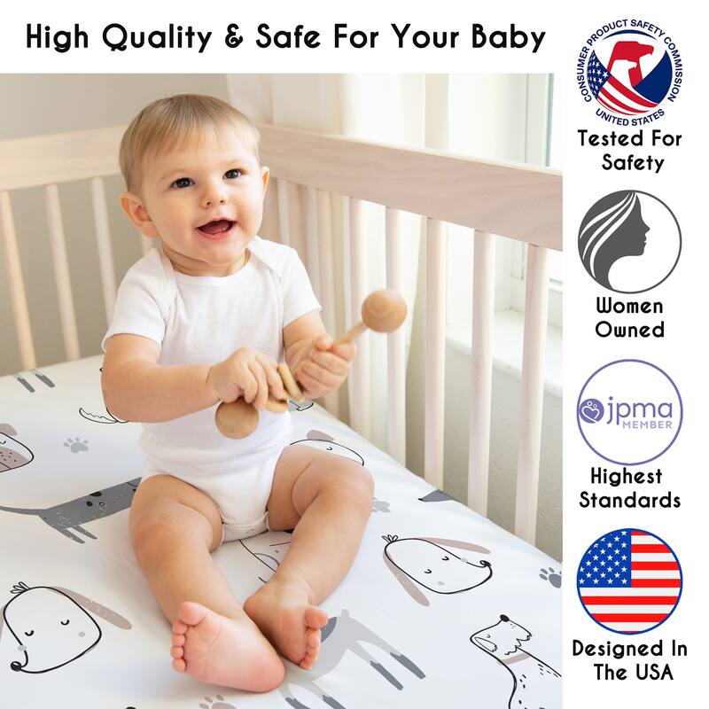 Sweet Jojo Designs Dog Boy, Girl, Unisex/Gender Neutral 3 Pack Fitted Crib Sheets -Black/White Boho Hatch, Solid Black & Puppies