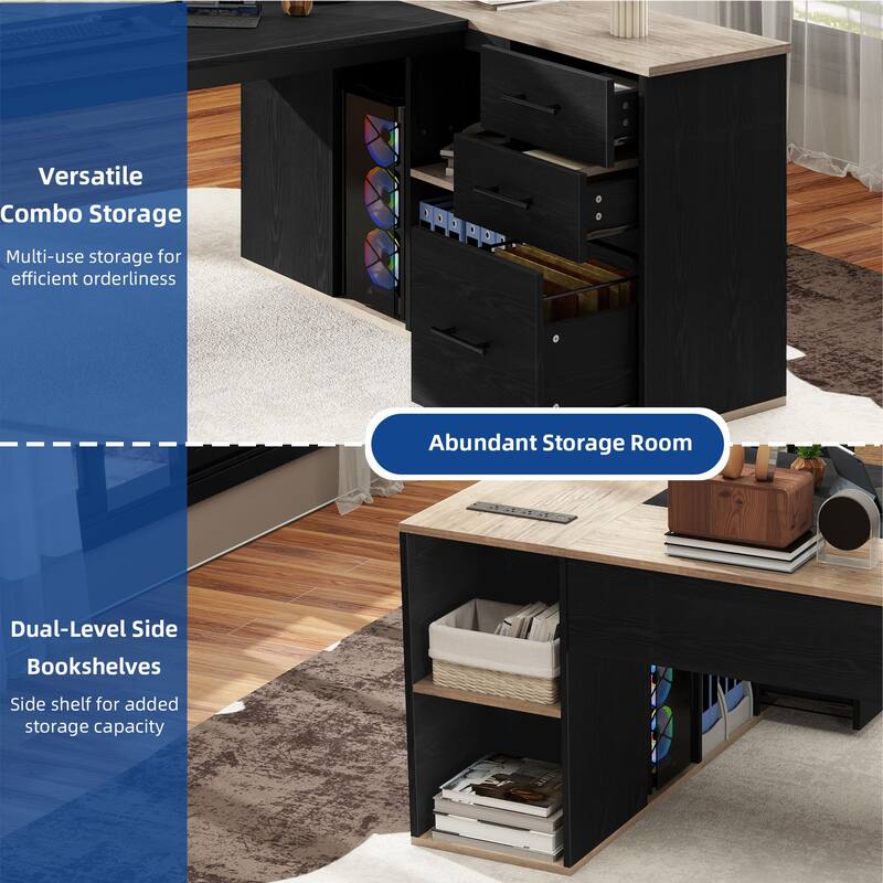 Moasis 70" Executive Desk w/ USB Port & Power Outlets, L Shaped Computer Desk with Storage Cabinet