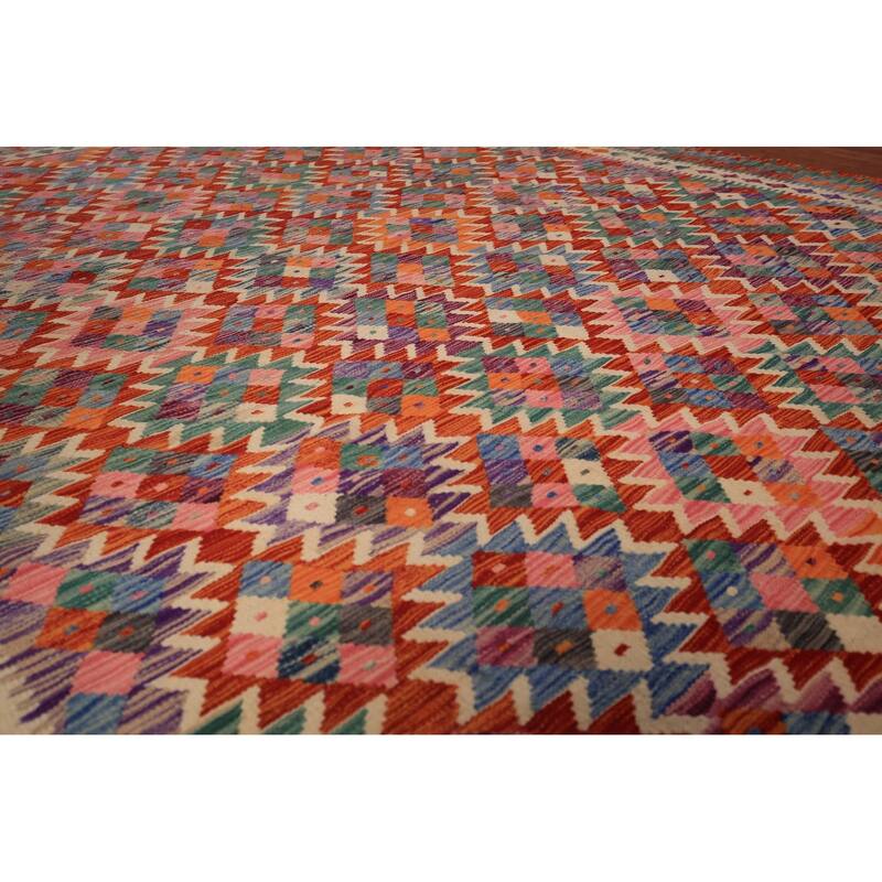 Reversible Kilim Area Rug Hand-Woven Geometric Orange Wool Carpet - 8'6" x 11'1"