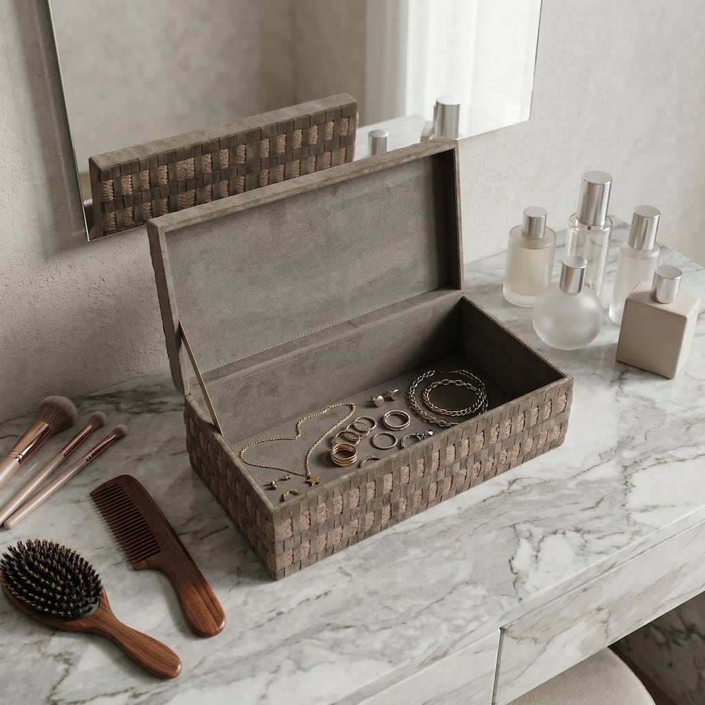 Decorative Rectangular Suede Box with Lid - 16" - 16.0"