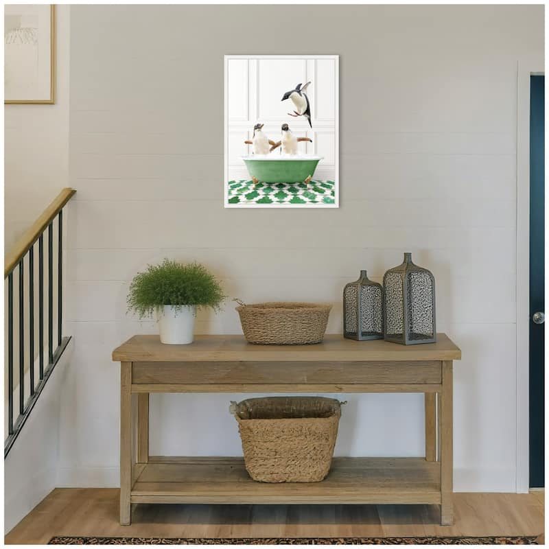 Kate and Laurel Sylvie Penguins in Eclectic Green Panel Wall Bathtub Framed Canvas by Amy Peterson