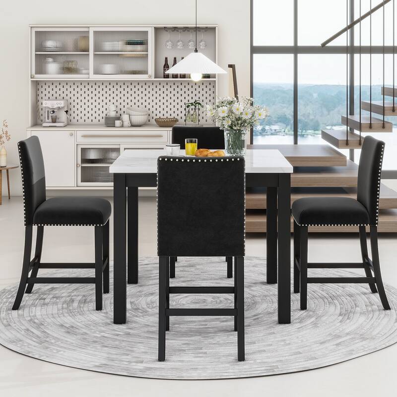 Roomfitters 5-Piece Counter Height Dining Table Set with Faux Marble Square Table and Velvet Upholstered Chairs