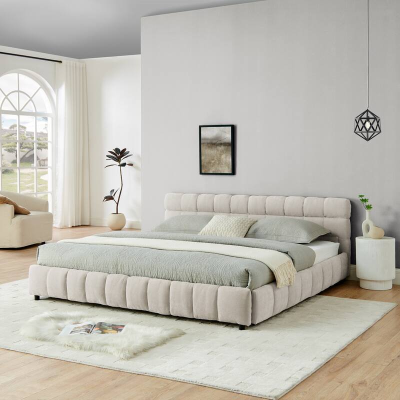 Modern King Size Upholstered Bed with Storage Drawers, Chenille Fabric, Beige