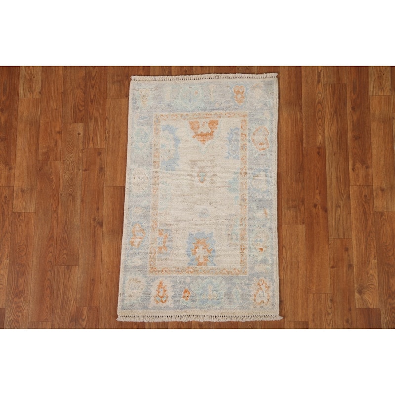 Hand Knotted Oriental 100% Wool Carpet Transitional Geometric Beige & Ivories Oushak Area Rug - 2' 11'' X 1' 10''