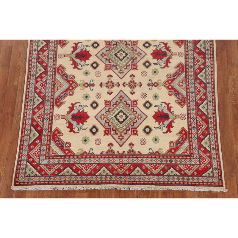 Beige Kazak Area Rug Handmade Oriental Wool Carpet - 4'9" x 6'7"