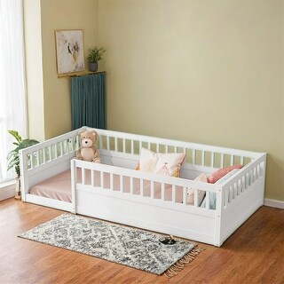 Twin Floor Bed Frame with Fence,Wood Kids Floor Beds Frame for Bedroom