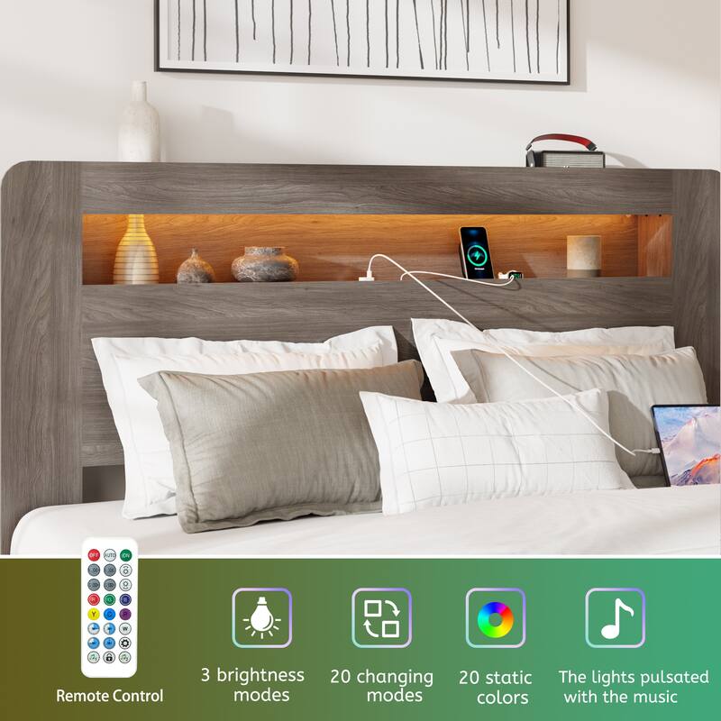 Full Size Wood Platform Bed with LED Light and 2 USB