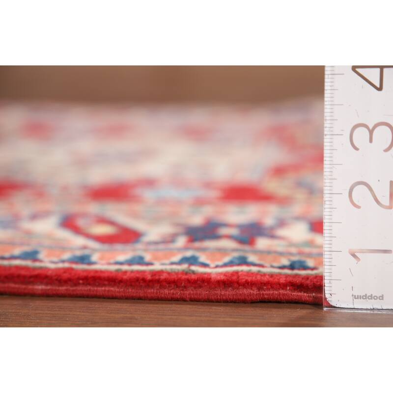 Red Geometric Kazak Oriental Runner Rug Hand-Knotted Wool Carpet - 2'8" x 9'7"