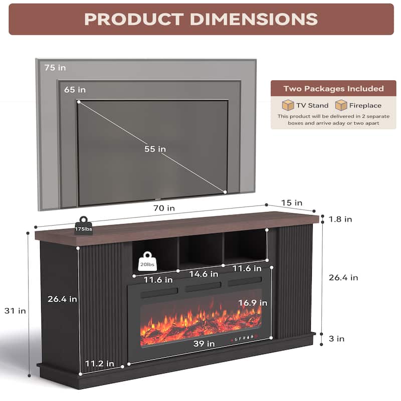 70" TV Stand for TVs up to 85" with Electric Fireplace, Vintage Double Door Cabinet, Dark Walnut, for Living Room & Bedroom
