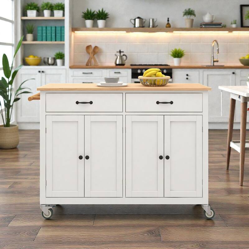 54.3" Kitchen Island Cart with Solid Wood Top, 4 Door Cabinet, Drawers, Spice Rack, Wheels