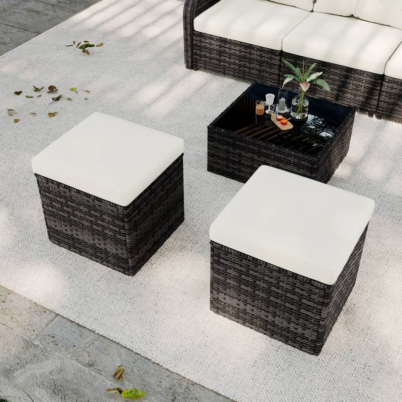 Outdoor Patio PE Wicker Ottoman with Cushion Set of 2