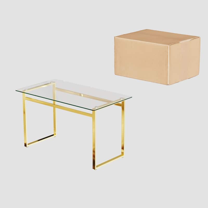 5-Piece Glass Dining Table Set with Gold Metal Legs and 4 PU Upholstered Chairs