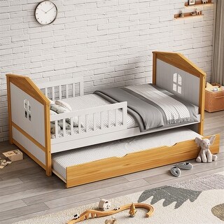 Twin Size House Shape Kids Wooden Bed Frame with Trundle and Guardrail