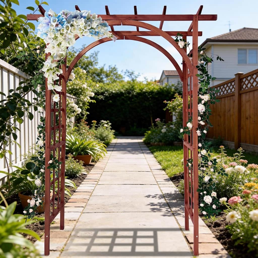 85-Inch Wood Garden Arbor with Pergola-Style Top Outdoor Trellis Arched and Flat Top Teak