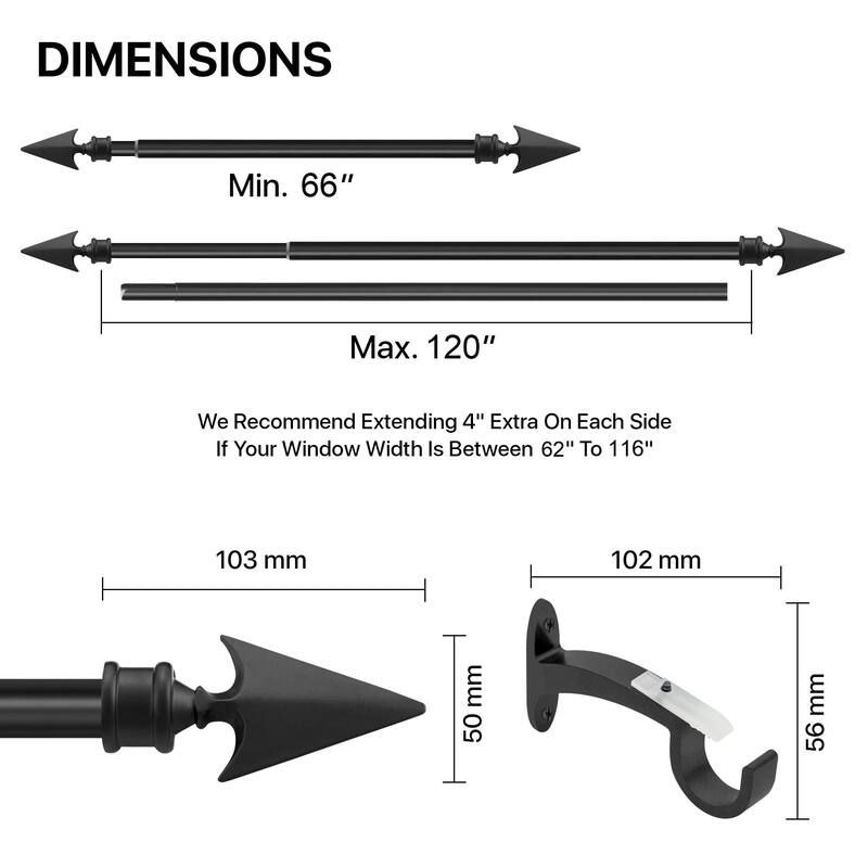 Deco Essential 3/4 Inch Curtain Rod for Windows & Doors Curtains Extendable Grey with Flat Arrow Finials & Brackets Set
