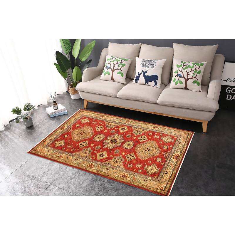 Tribal Super Kazak Amaris Red/Tan Hand Knotted Wool Rug - 4'1'' x 6'3''